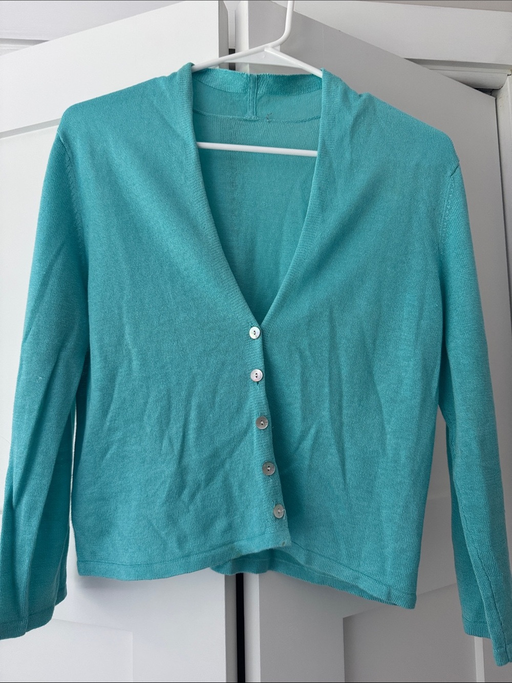J Jill Light Teal V-Neck Button Corp Cardigan Sweater 3/4 sleeves.